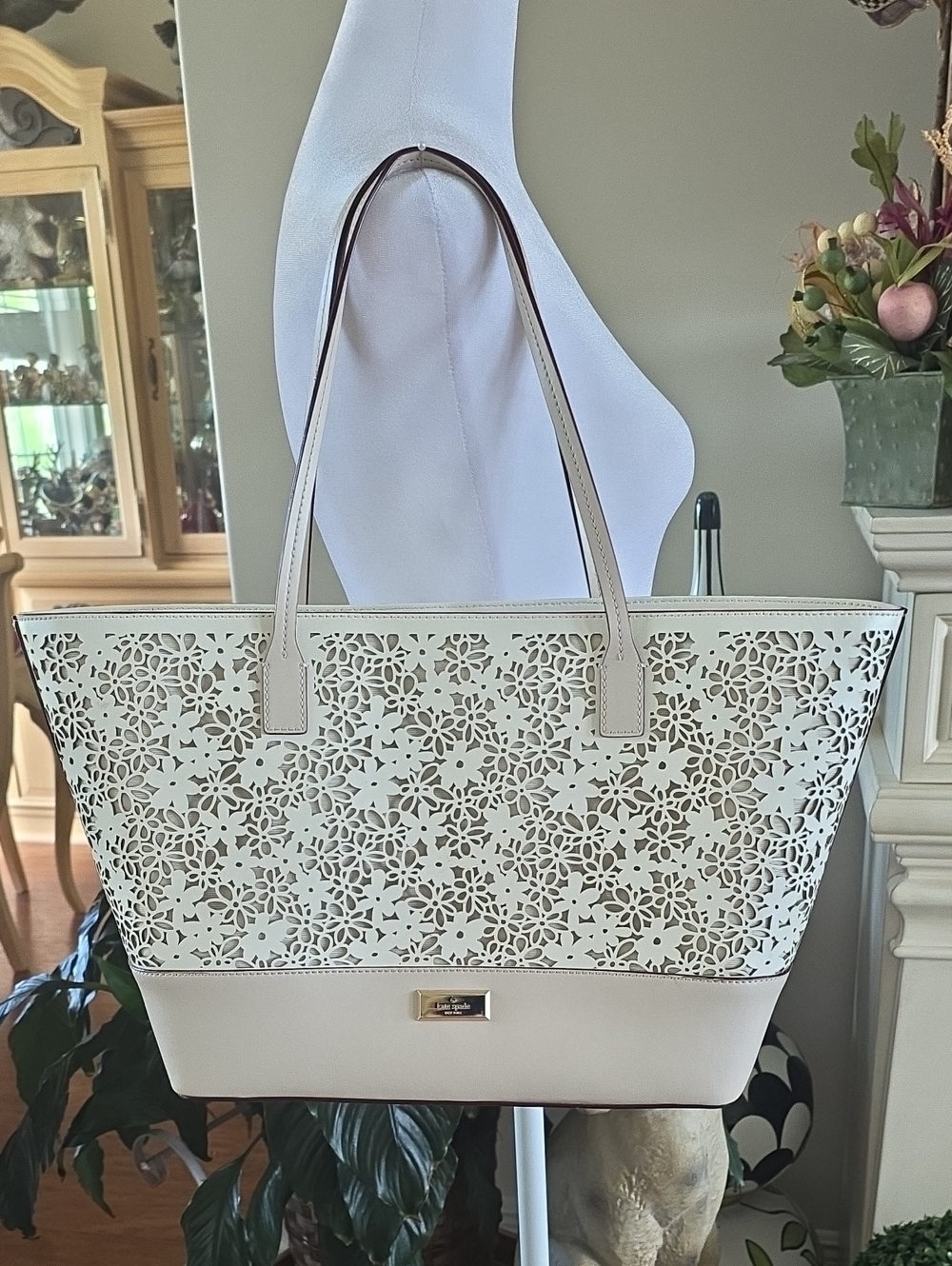 kate spade Cream Laser-Cut Floral Tote with Gold Accent